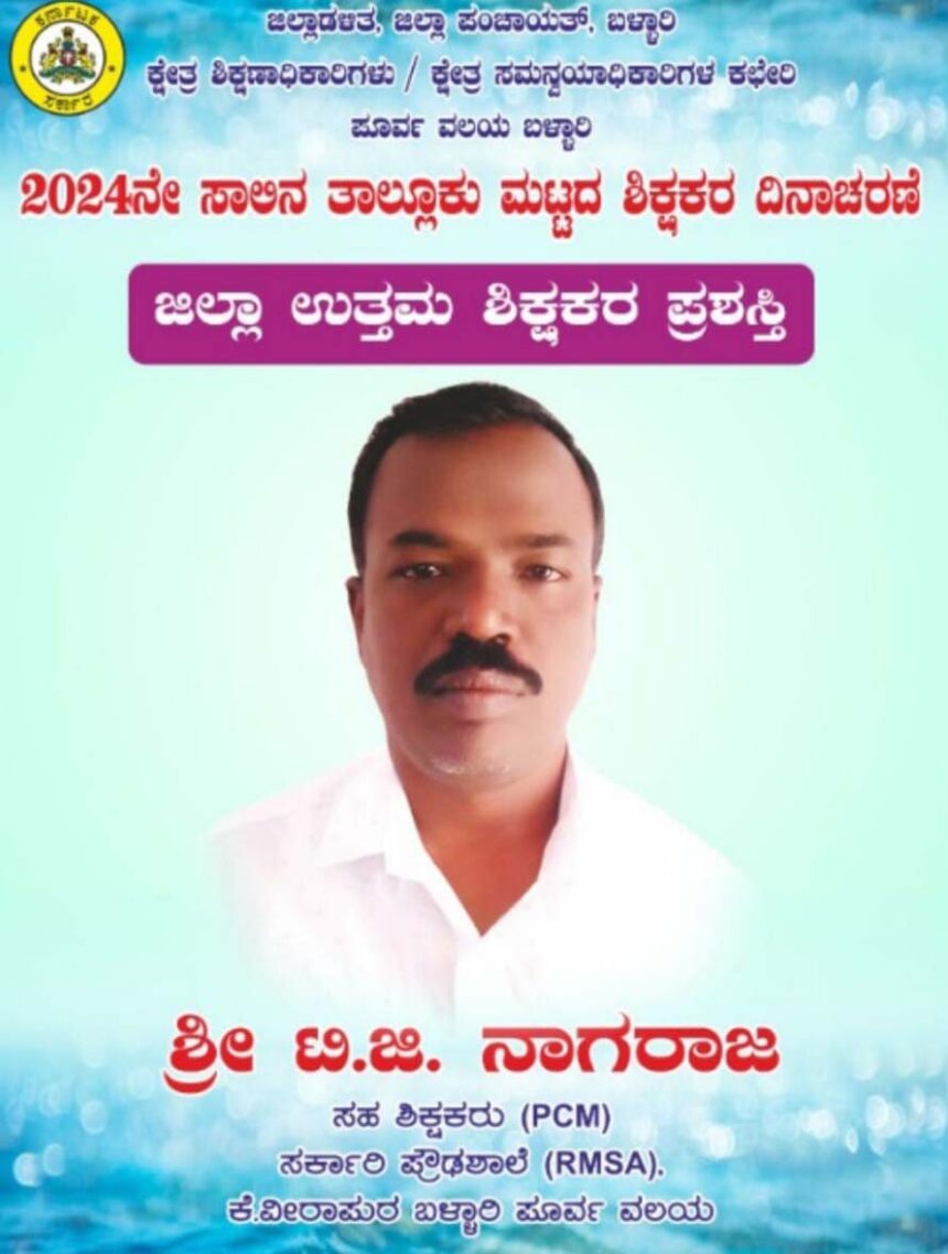 ಜಿಲ್ಲಾಮಟ್ಟದ ಉತ್ತಮ ಶಿಕ್ಷಕ’ ಆಯ್ಕೆ ಪಟ್ಟಿ ಪ್ರಕಟ – ಗಡಿ ಗ್ರಾಮ ಕೆ.ವೀರಾಪುರದ ಸರ್ಕಾರಿ ಪ್ರೌಢ ಶಾಲೆಯ ಟಿ.ಜಿ.ನಾಗರಾಜಆಯ್ಕೆ